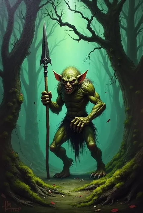 Painting of a goblin with a spear in a dark forest

