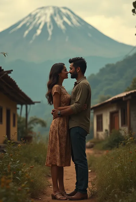 I need you to make an image where two very much in love characters are tied together with coffee and the Ruiz snow-capped mountain behind them that look very Colombian and rural, that is retro. 