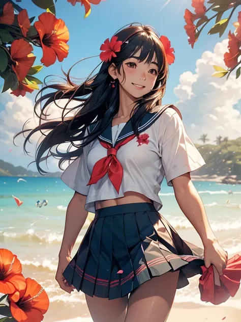 Kaho, Characters from "SEX", by Atsushi Kamijo, Symmetrical Neat Straight bangs, Shiny black hair, Long hair and great style, Long limbs, Attractive Large long eyes, very beautiful face, Sailor suit without a tie, Long school uniform skirt, Hibiscus flower...