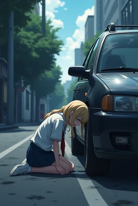 1girl,    on the street groud  crying (blonde hair) amime infount of car 18 18(school uniform