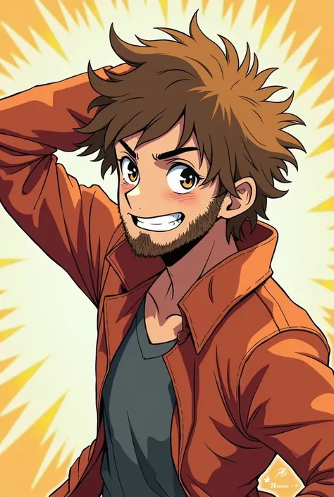 1 male, 30 years old,Shaggy light brown hair with dark brown beard, think and lanky, dorky pose, kind, anime style, shonen style, shoujou style , full body, anime style, thick outlines, anime style, shonen style, shoujou style , full body, anime style, thi...