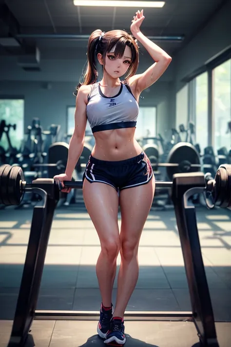 good hand, 4k, 1 girl, ) A RAW portrait of a girl working out in the gym), sweaty, perspiration, high resolution, masterpieceThe best quality, head: 1.3, (Korean K-pop idol), chunli, Twin tails, extremely cute and finely detailed fur, sharp focus, (cinemat...