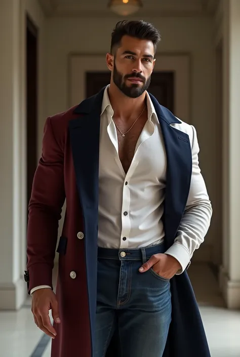 realisticic, French man, bodybuilder and handsome, smiling , strong and muscular legs, big lump, casual dress, Oxford Shirt, Elegant trench coat in white, burgundy and navy blue Elegant and trendy, Perfect face, perfect eyes, with beard, sexy, realistic,, ...