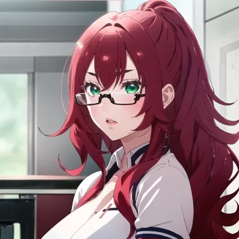 1 girl,red hair, glasses, by the wide, blows, green eyes,  gym uniform,