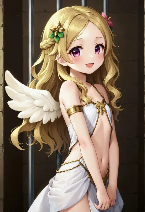 small short young looking girl, white wings on her back, wearing a cute revealing white and gold greek goddess outfit, long wavy...