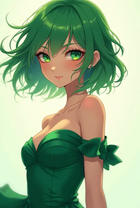 Anime manga style drawing girl with short wavy green hair, green eyes,  and a green evening dress fitted to her body