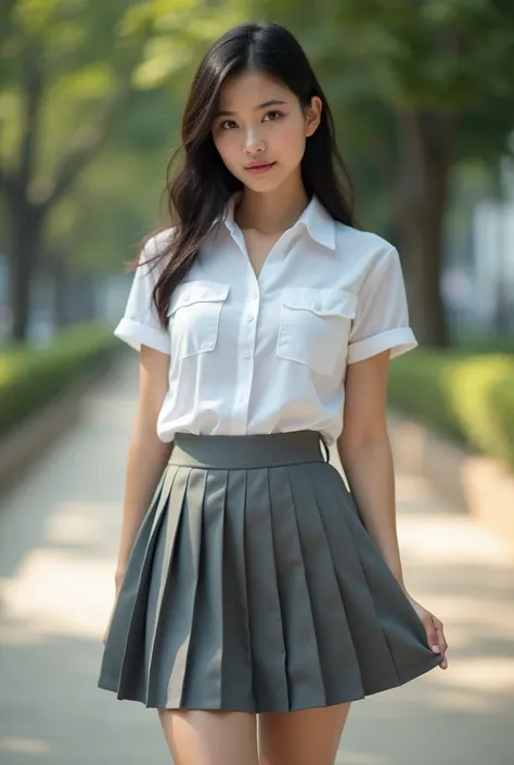 thai girl in real world, beautiful face, plump body
side camera angle, thighhighs fit with skirt, swearing thai university uniform is white shirt and gray pleated skirt, Pose with your back and face slightly Raise one leg to provoke emotions, Show off your...