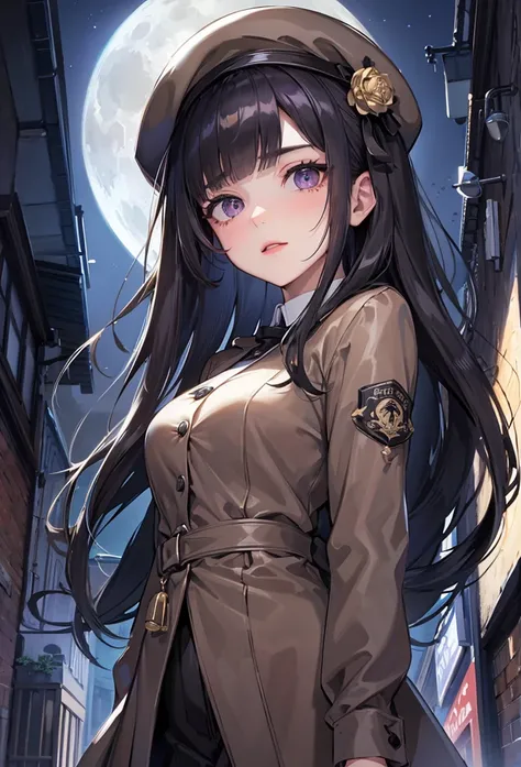 (beautiful and delicate), (Detective style), (15 yo), frontale:1.3, (up view), (looking up to sky), (beautiful detailed blunt bangs:1.3) (beauty black glossy hair long hair) (immensely cute detective girl) (sexy no-Highlights purple eyes), (glossy lip, ser...