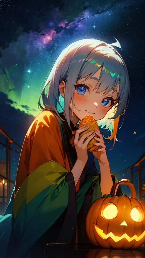 1 young girl、silver hair, (sparkling blue eyes)、jack o lantern、halloween、smile、eating french fries、colorful starry sky、iridescen...