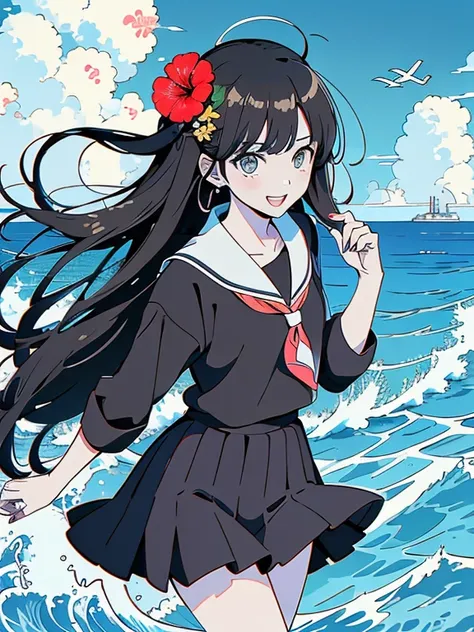 Kaho, Characters from "SEX", by Atsushi Kamijo, Symmetrical Neat Straight bangs, Shiny black hair, Long hair and great style, Long limbs, Attractive Large long eyes, very beautiful face, Sailor suit without a tie, Long uniform skirt, Hibiscus flowers in pl...