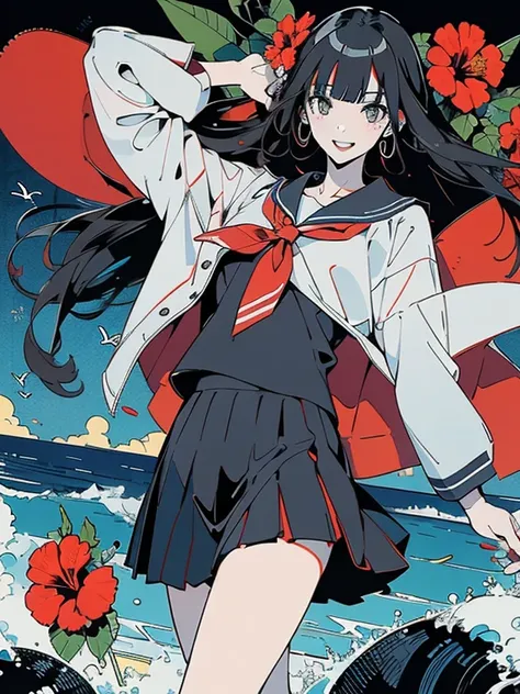 Kaho, Characters from "SEX", by Atsushi Kamijo, Symmetrical Neat Straight bangs, Shiny black hair, Long hair and great style, Long limbs, Attractive Large long eyes, very beautiful face, Sailor suit without a tie, Long uniform skirt, Hibiscus flowers in pl...