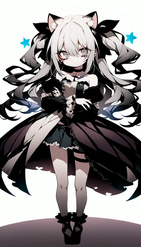 long hair, white hair, gothic lolita, choker, looking at viewer, shiny hair, two side up, messy hair, hair covering eyes, pale skin, lanky, streaked hair, gradient hair, black hair, silver eyes, with star-shaped irises, hair ribbon, solid gray background, ...