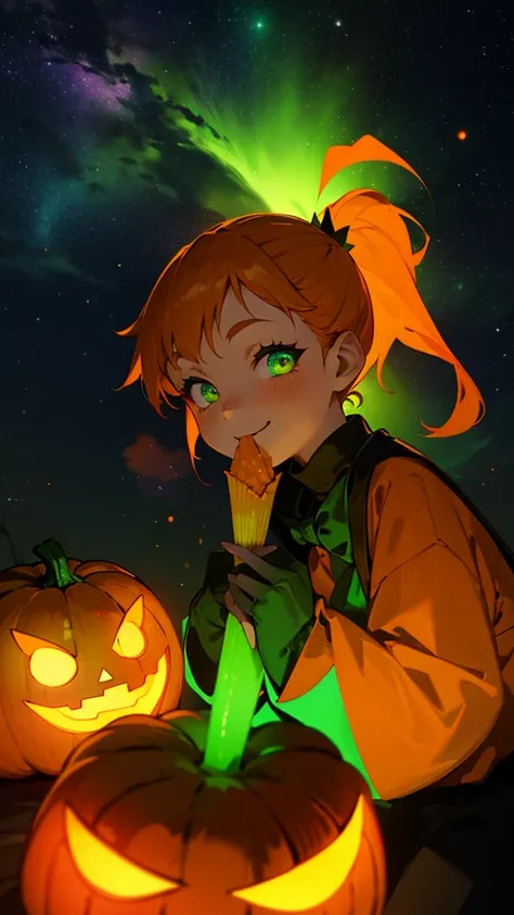 1 young girl、orange hair、glowing green eyes、side ponytail、jack o lantern、halloween、smile、eating french fries、colorful starry sky...