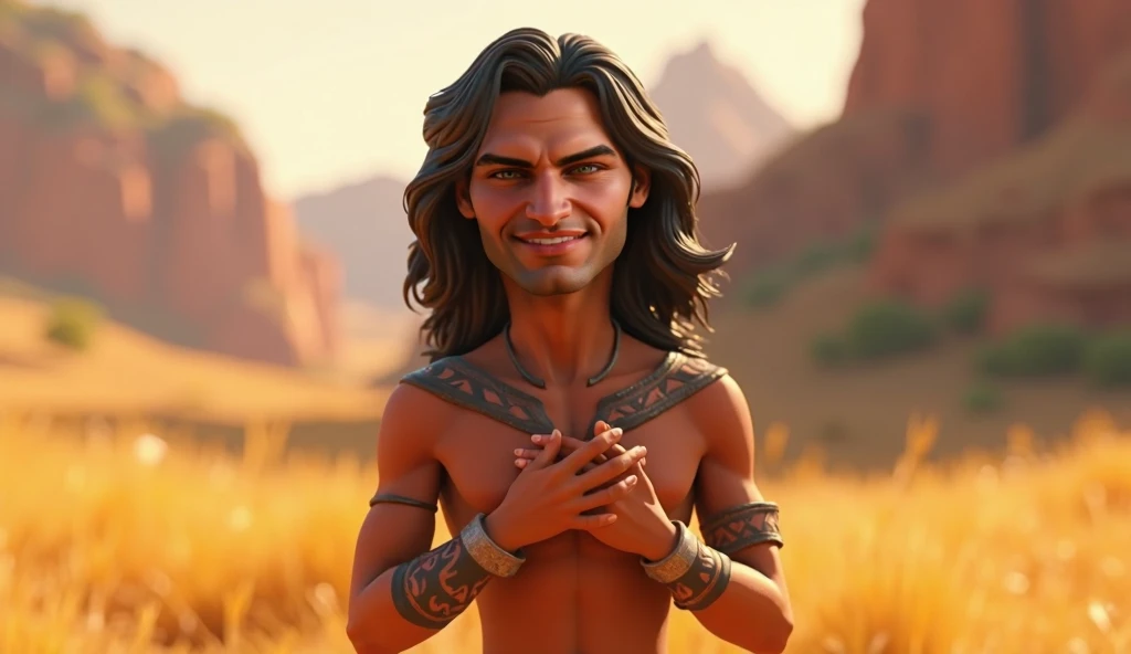 A highly detailed, Pixar-style 3D image of an Inca warrior standing with his hands placed over his heart, looking directly at the camera with a grateful expression. The warrior has wavy, dark hair and tanned skin, dressed in traditional Inca attire with vi...