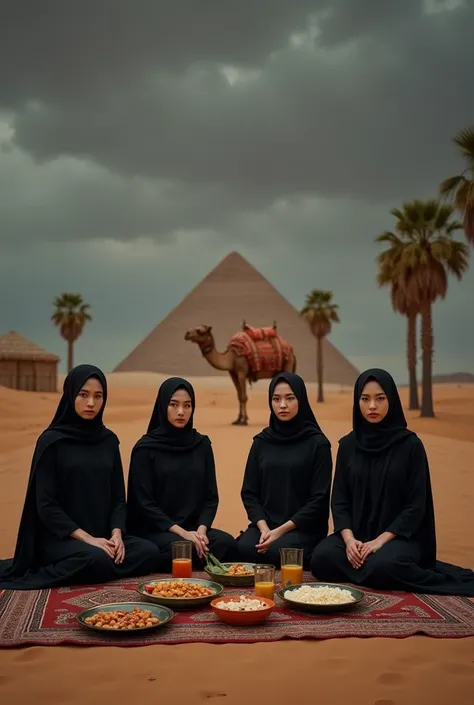 a group of six people (three men and three women )sit in pairs, wearing black clothes, sitting looking at the camera on a carpet mat, in a desert, there is plenty of food and drink, set in a desert of date palms, camel, and the pyramid is visible from a di...