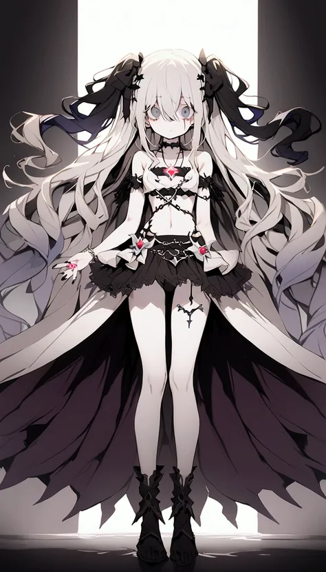 long hair, white hair, gothic lolita, choker, looking at viewer, shiny hair, two side up, messy hair, hair covering eyes, pale skin, lanky, streaked hair, gradient hair, black hair, silver eyes, with star-shaped irises, hair ribbon, solid gray background, ...