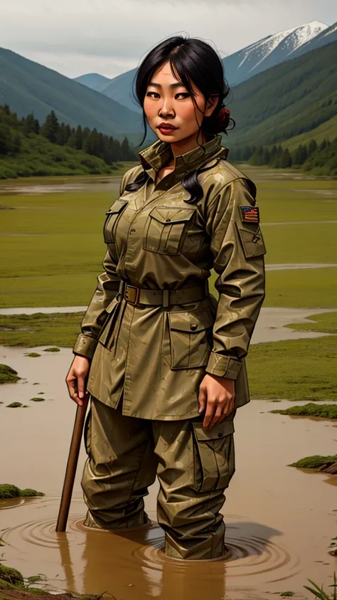 A strong-willed Asian woman, clad in rugged military attire, stands resolutely amidst the muddy terrain