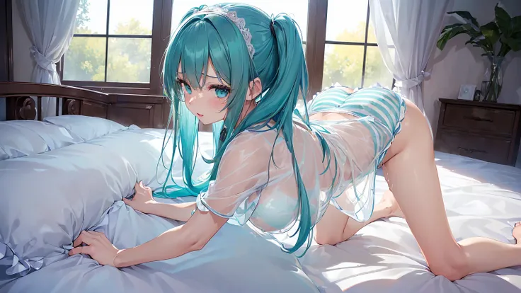 ((Best Quality、High resolution))、hatune friend、Beautiful woman、Perfect body、Beautiful and ample breasts、Butt、Hair is turquoise、Hair in twin tails、Has bangs、((Turquoise and white lace dress))、(((mini skirt)))、(((Buttの主観、Show your pants、Striped panties、(Pant...