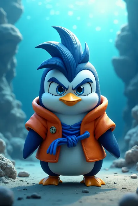 Cartoon，A penguin，Fierce eyes，frown，Wearing Saiyan clothes，Blue Hair，Blue eyebrows，Saiyan Goku，3d，Rendering Texture，cute，Q version，Europe and America，3d，Anime style，In the sea，《Dragon Ball》