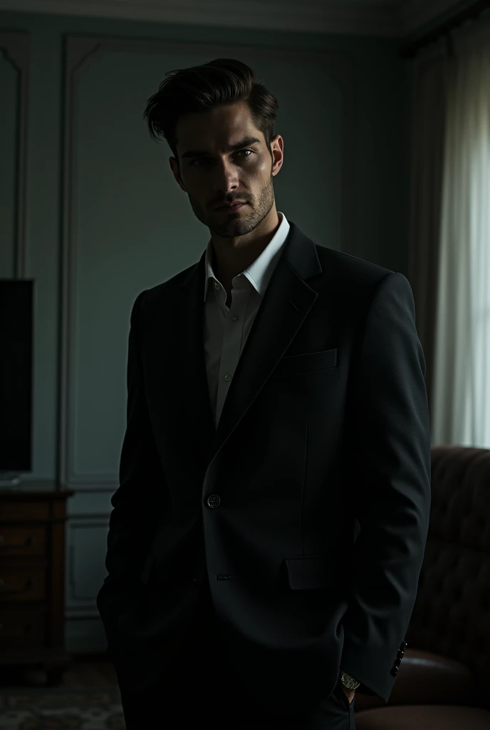 Model Stephen James in a melancholic room, he is wearing a suit and is looking bored