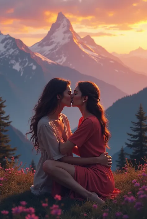 Women kissing to mention sitting on eachother with sunrise in mountain of background view