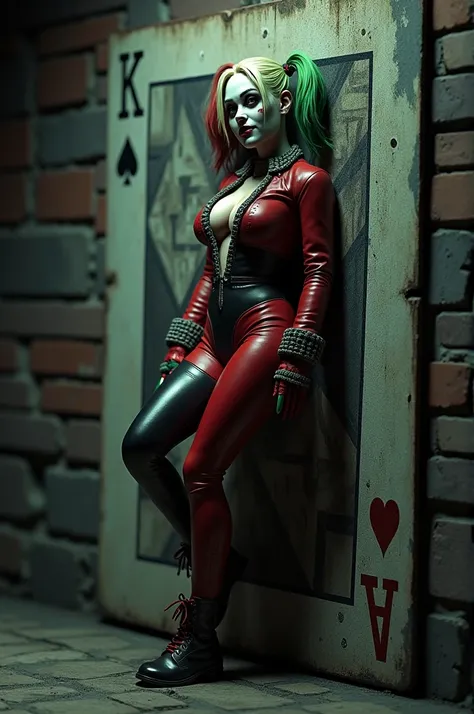 A 3D render of a hauntingly realistic portrayal of Harley Quinn from a card game. She is depicted leaning against a dingy brick wall, with her signature green hair, red suit, and grotesque makeup. Harley Quinn appears to be emerging from the card itself, w...