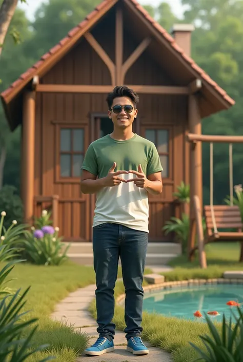 A handsome Indonesian man with short, slightly spiky hair, a green and white t-shirt, dark blue jeans, blue shoes, wearing sunglasses, his fingers showing a finger heart love., standing in front of a brown clapboard house with grass, a fish pond, and a swi...