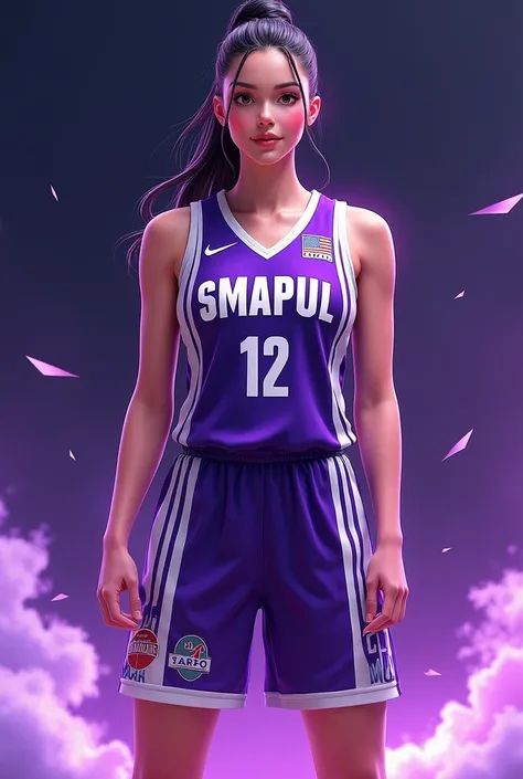 Women&#39;s basketball jersey design, top and bottom, front and back pants are purple and white with SMAPUL written on the front 