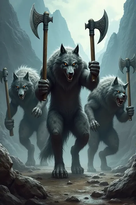 A group of wolves holding several axes 
