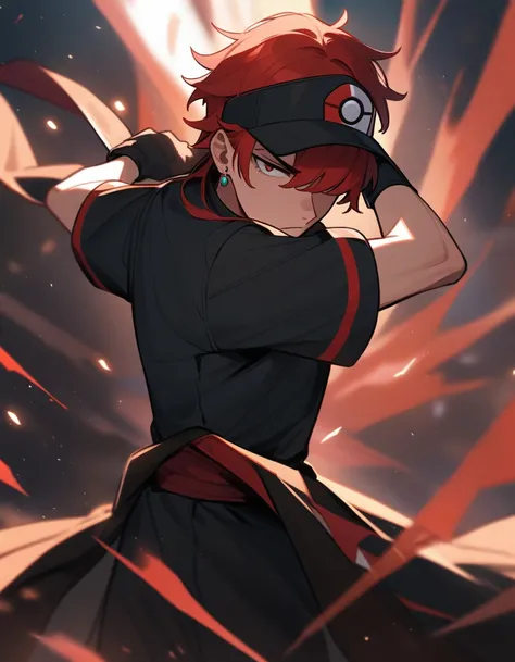 Teenage boy, hair lifted up, medium length hair, long bangs covering the left eye, , baseball cap with a pokeball symbol, red hair, serious face, Eyes red, black jersey, loose red short-sleeved overcoat, pair of medium black gloves, eletric aura around the...