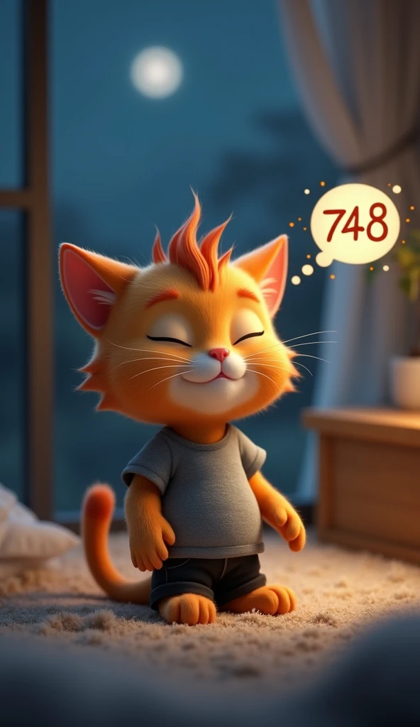 3D animation cartoon, cute orange cat, wearing a gray t-shirt, black pants, dreaming in a dream as "748", night atmosphere, natural light