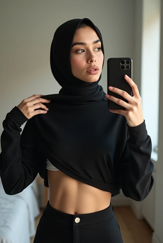 Black Hijab girl taking mirror selfie holding her phone in one hand while holding upp her thin sweater with the other hand exposing her fit stomach and her under boobs