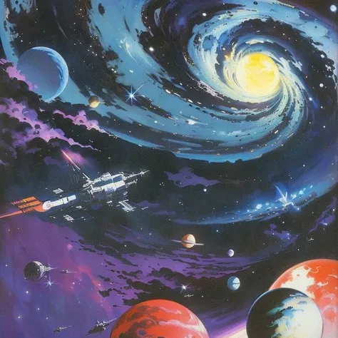 painting of a space station with planets and a rocket in the background, by Robert McCall, style of style of robert mccall, space art, space travel, frank kelly freas, vintage sci - fi art, retro sci - fi art, retro 1 9 6 0 s sci - fi art, of space travel,...