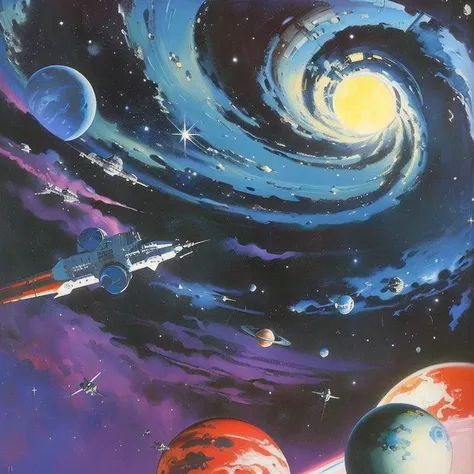 painting of a space station with planets and a rocket in the background, by Robert McCall, style of style of robert mccall, space art, space travel, frank kelly freas, vintage sci - fi art, retro sci - fi art, retro 1 9 6 0 s sci - fi art, of space travel,...