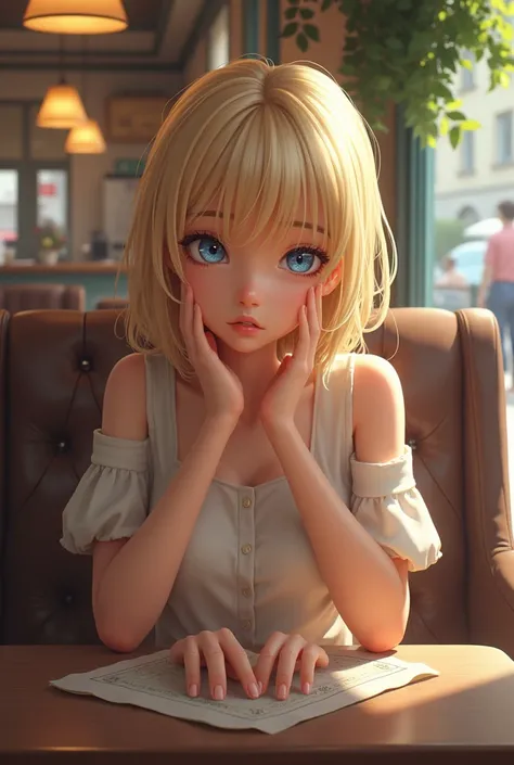 1woman blonde hair blue eyes  dress  realistic  waiting at a Cafe with a nervous 