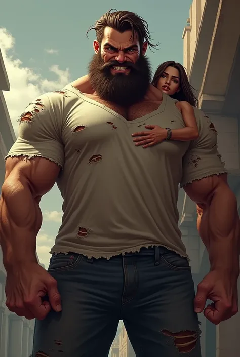 huge muscular man, huge chest, brown hair and beard, torn t-shirt, imposing, with a malicious look, smiling, bold style. With a handsome muscular man, huge chest, long red hair, torn clothes, hugging him from the back.