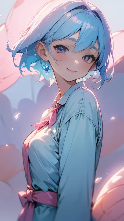 Young woman、Alone、Light blue blouse shirt、Light blue hair、Pink Eyes、A gentle gaze、smile、Upper body close-up、Shrimp mascot、Delicate contours、Under the moonlight、Blur the background