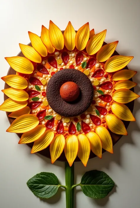  Create an image of a sunflower-shaped pizza. The pizza should have a large round base with a smaller circular area in the center to represent the sunflower’s seed. Around the center, arrange slices of pepperoni, vegetables, or other toppings to form the p...