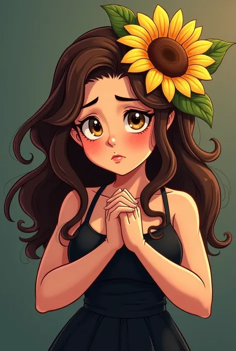 A sexy woman in a cartoon with a sunflower in her hair, beautiful with brown eyes, chubby, with a black dress with sad eyes with hands together offering love