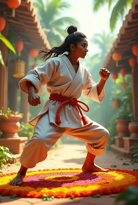 Make a image of kerala onam maveli with karate dress
