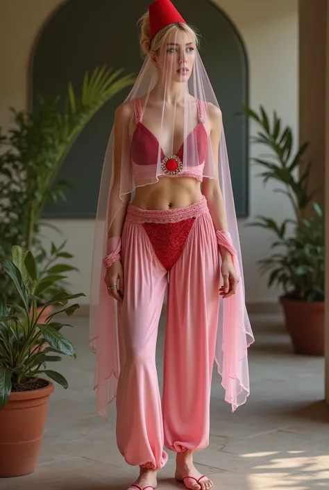 large format full body photo of a woman a Realistic full body portrait Photo of a I dream of Jeannie, genie in the lamp (((Jeannie))) with classic updo blonde hair style, red fez hat with tassel, diaphanous soft pink chiffon face veil pulled down under chi...