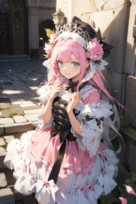 Two Girls　Fluffy pink dress　Gothicta　Petals fluttering down　Around town　Headdress　smile　Overall view