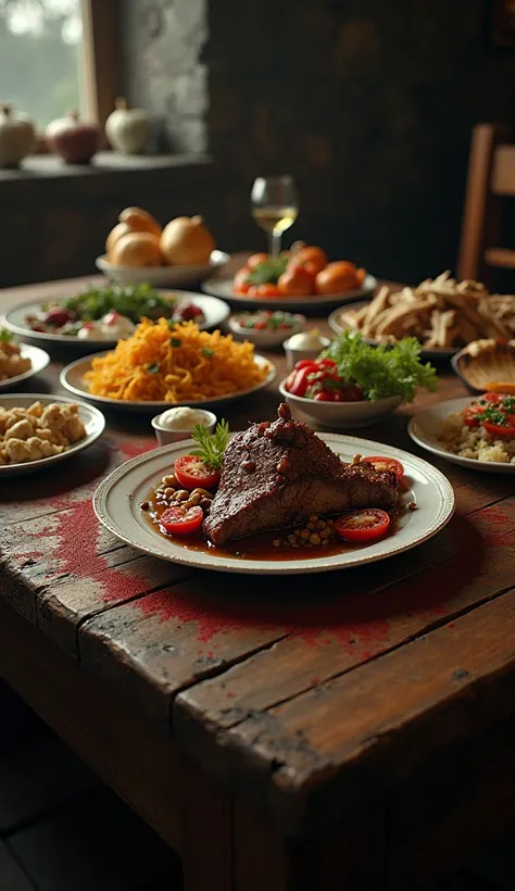 Picture a table full of food, with a focus on the suspicious looking goat meat dish.