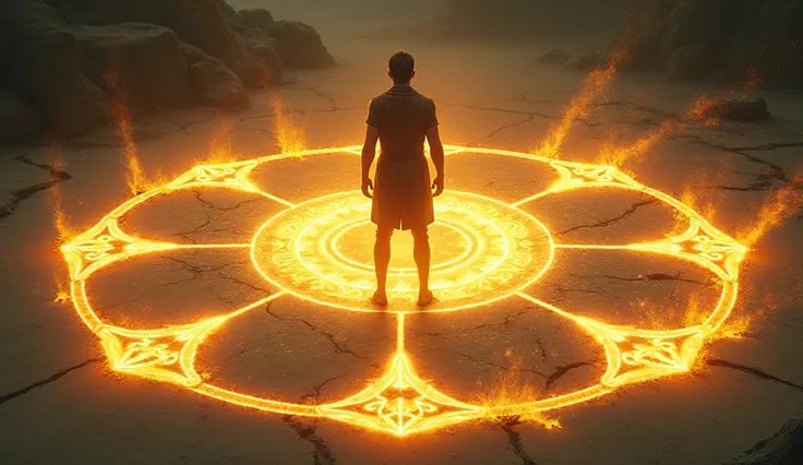 The image shows a man standing in the middle of a circular magic formation. The magic formation is surrounded by glowing yellow symbols. as if he is causing the magic to activate.

This is a typical scene from a manga or anime, where a character is about t...