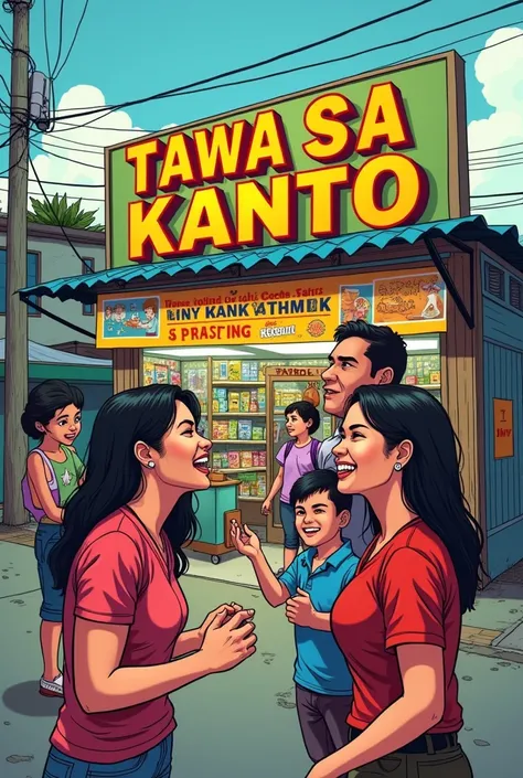 a komik cover page with the title being tawa sa kanto beside a sarisari store with 4 people