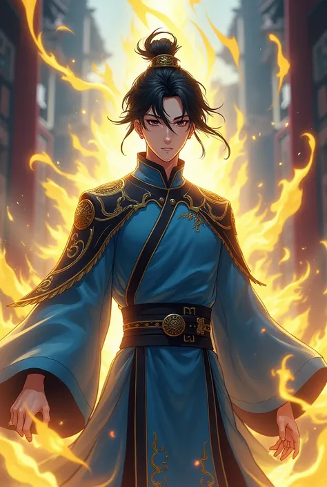 Make a Chinese cultivator manhwa cultivator,I want him with black hair, black eyes, he wears a blue outfit with black details, he is a 20 year old man, and has yellow rays around his body. I want it as an anime