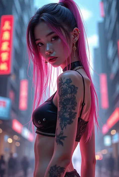 In this visually striking cyberpunk-themed illustration, an alluring, young Asian woman is depicted as the central subject. With captivating features and pink flowing locks cascading down her back, she stands out against a dystopian cityscape that evokes t...