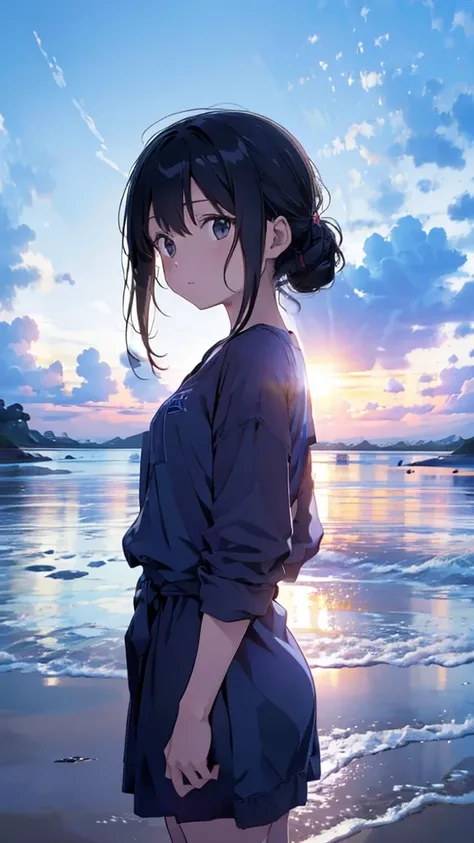 /imagine prompt: Viral anime nature wallpaper in 4K quality, in the style of photography with a 35mm lens inspired by Keiichi Hara, capturing a serene beach at twilight with gentle waves, a sky transitioning from orange to deep blue, and a silhouette of di...