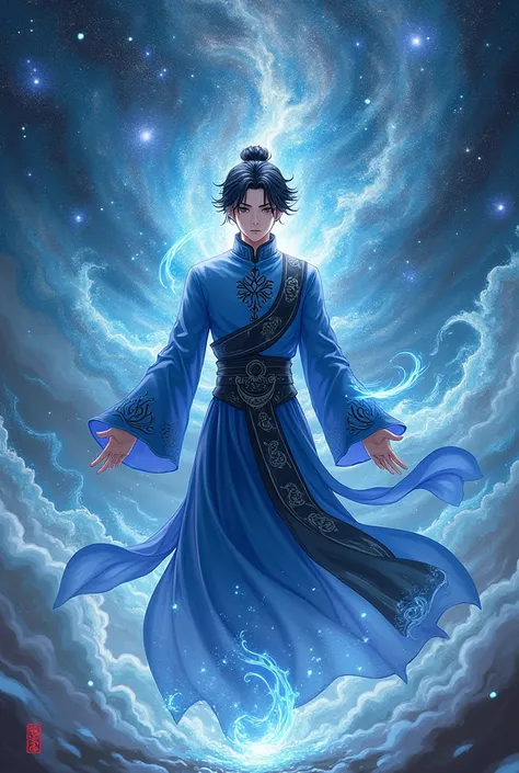 Make a Chinese cultivator manhwa cultivator,I want him with black hair, black eyes, he wears a blue outfit with black details, he is a 20 year old man, and there are galaxies around his body. I want it as an anime