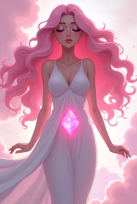 anime style woman with long pink curly hair, who has a pink crystal implanted in her belly and a white dress. She needs to be like the character Rose Quartz from Steven Universe